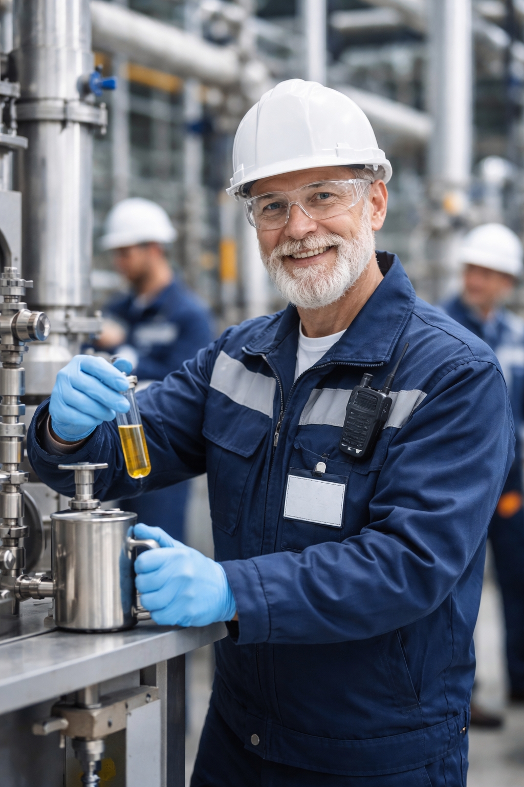 Industrial worker with a sample